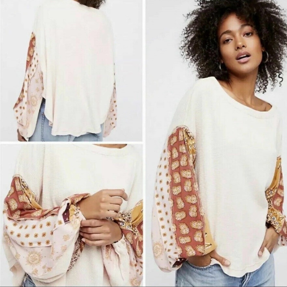 We The Free “Blossom” Thermal Ivory Top with Bohemian Patchwork Sleeves